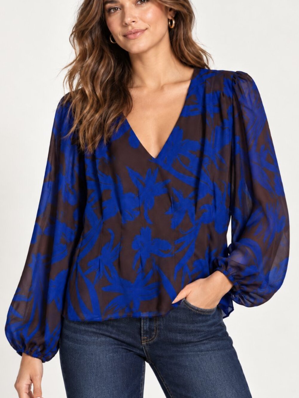 Evereve NEW Colbalt Blue Dark Brown Abstract Floral Chiffon V-Neck Blouse SZ XS